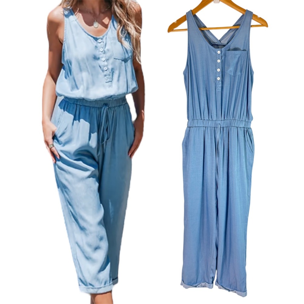 Cupshe Women's Sleeveless Button Down‎ Jumpsuit Drawstring Waist Blue Small